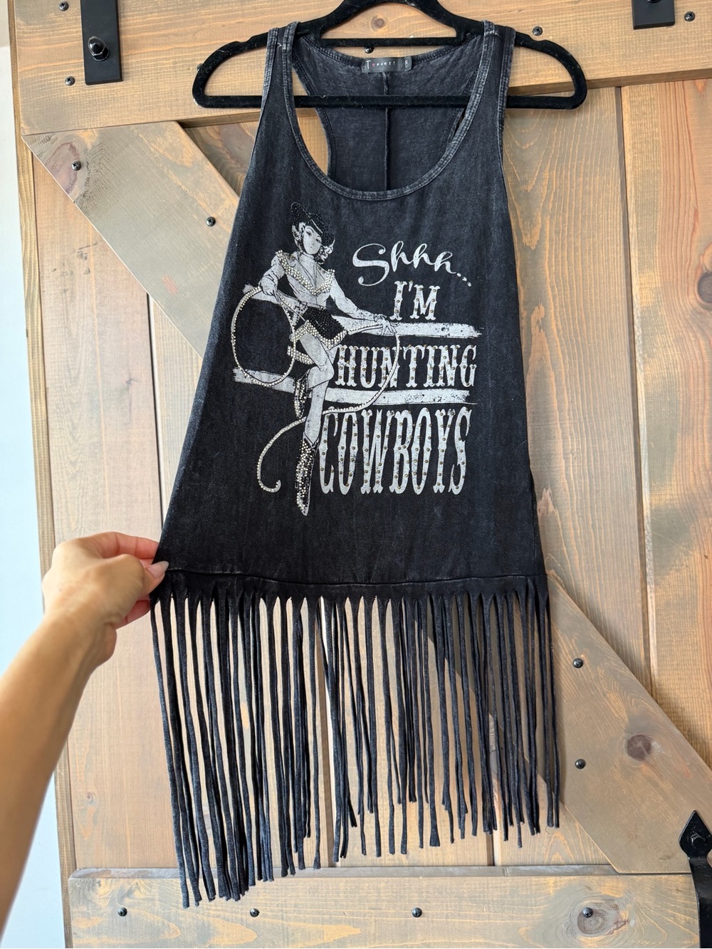 Fringed Graphic Tank - "Shhh I'm Hunting Cowboys"